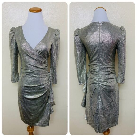 Aqua Womens Bloomingdale Ruffled Mini Plunging Dress Size 4 Metallic Silver $238 - Picture 1 of 13